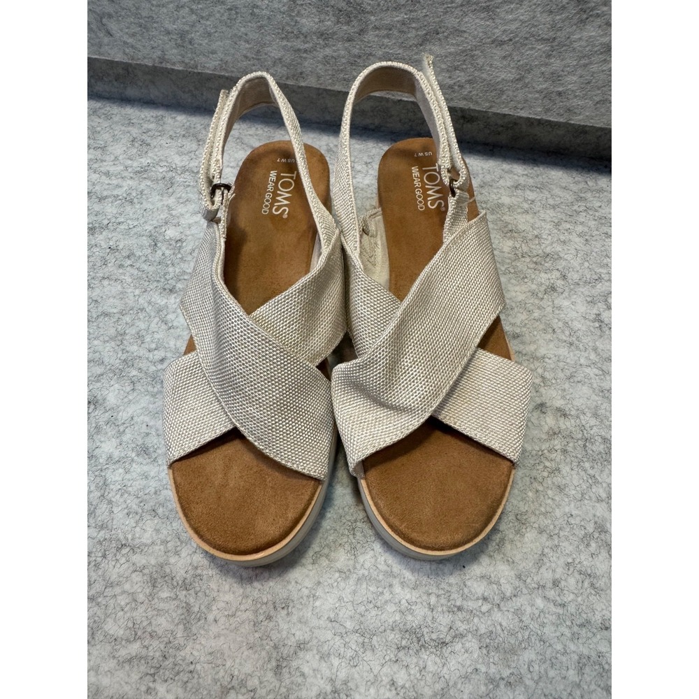 TOMS Monica Beige Platform Sandals Womens 7 Strappy Espadrille Wedge Beach Shoes
